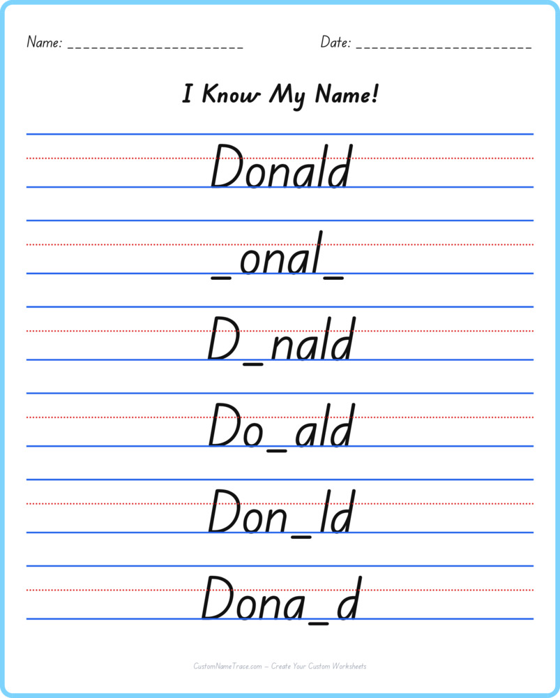 Free Donald custom name tracing - fill-in-the-blank free worksheet