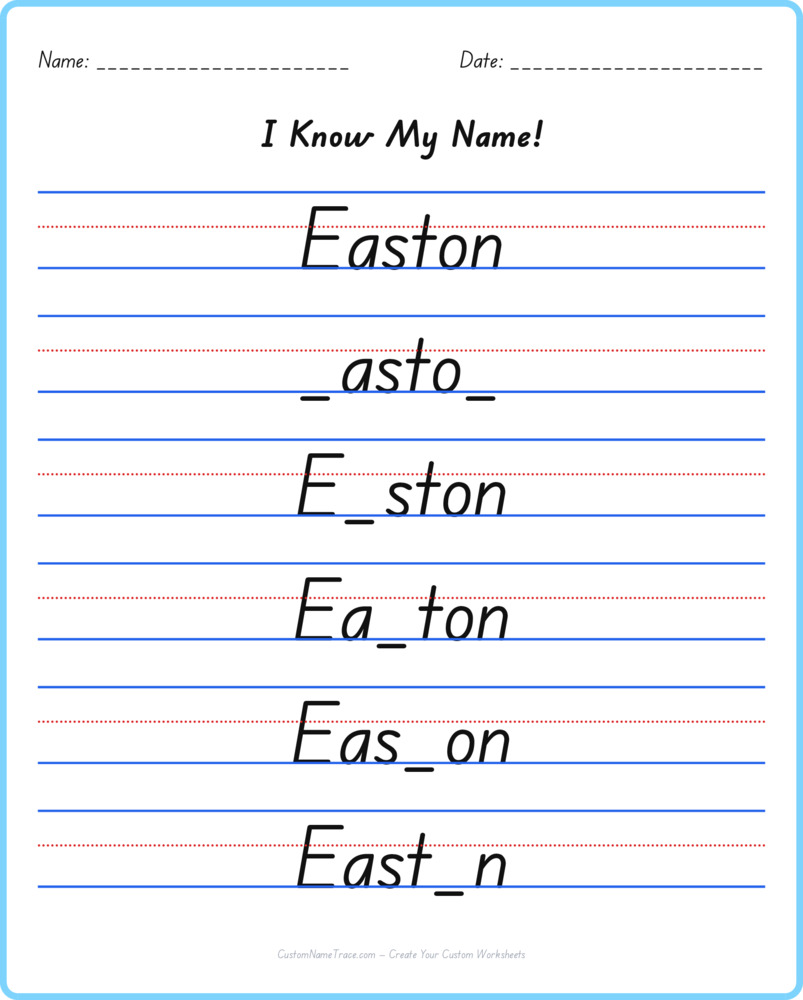 Free Easton custom name tracing - fill-in-the-blank free worksheet
