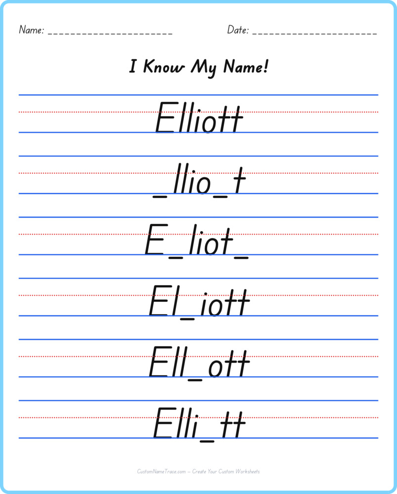 Free Elliott custom name tracing - fill-in-the-blank free worksheet