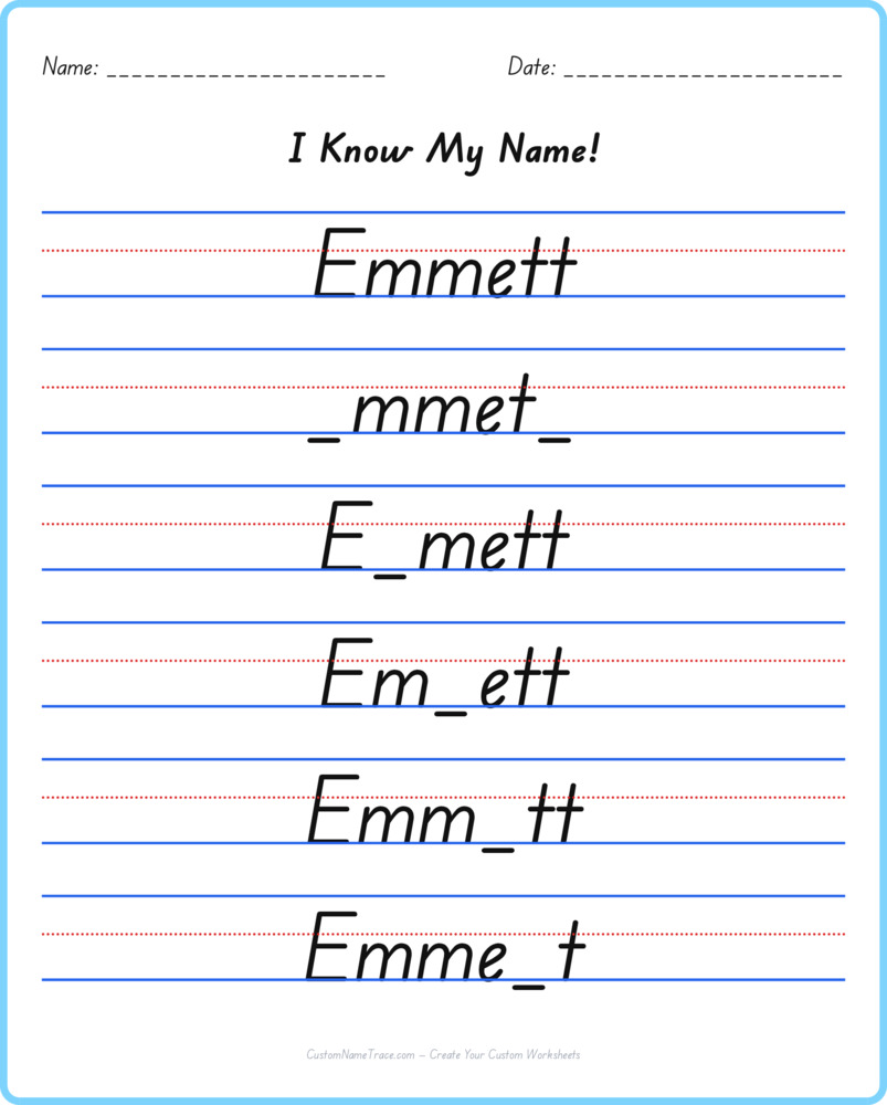 Free Emmett custom name tracing - fill-in-the-blank free worksheet