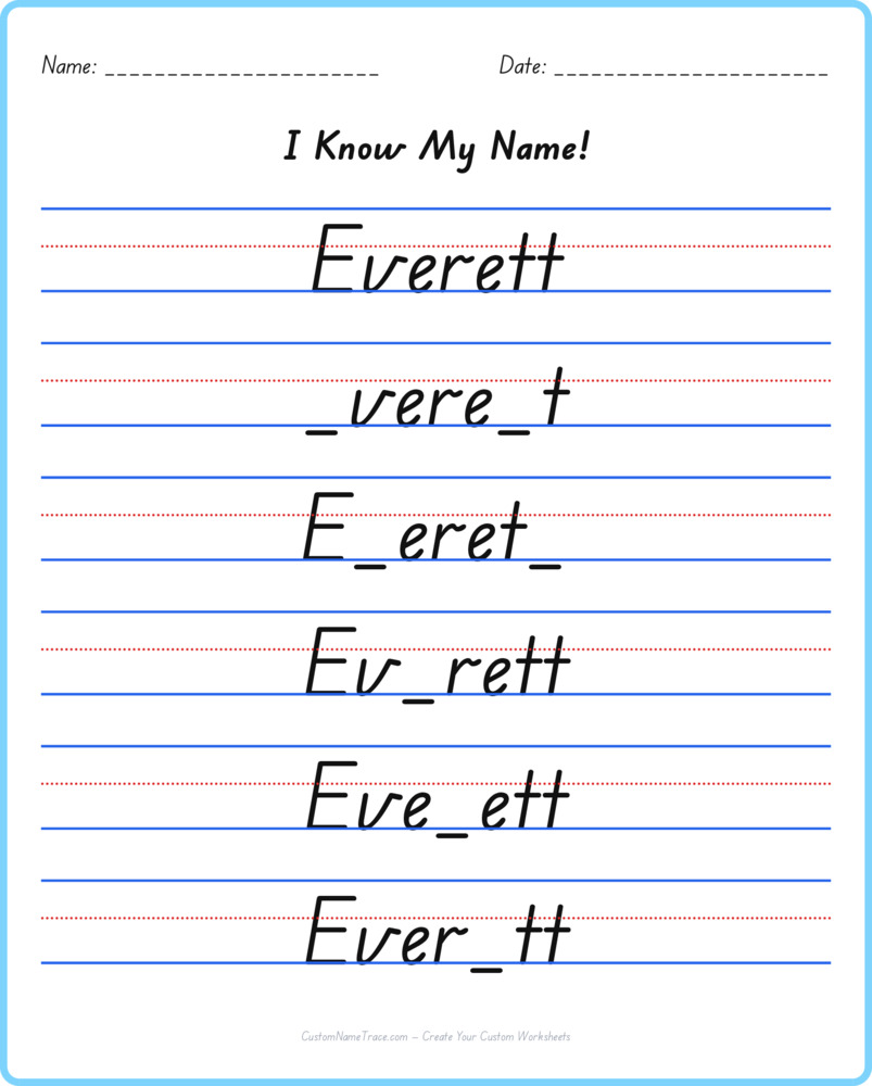 Free Everett custom name tracing - fill-in-the-blank free worksheet