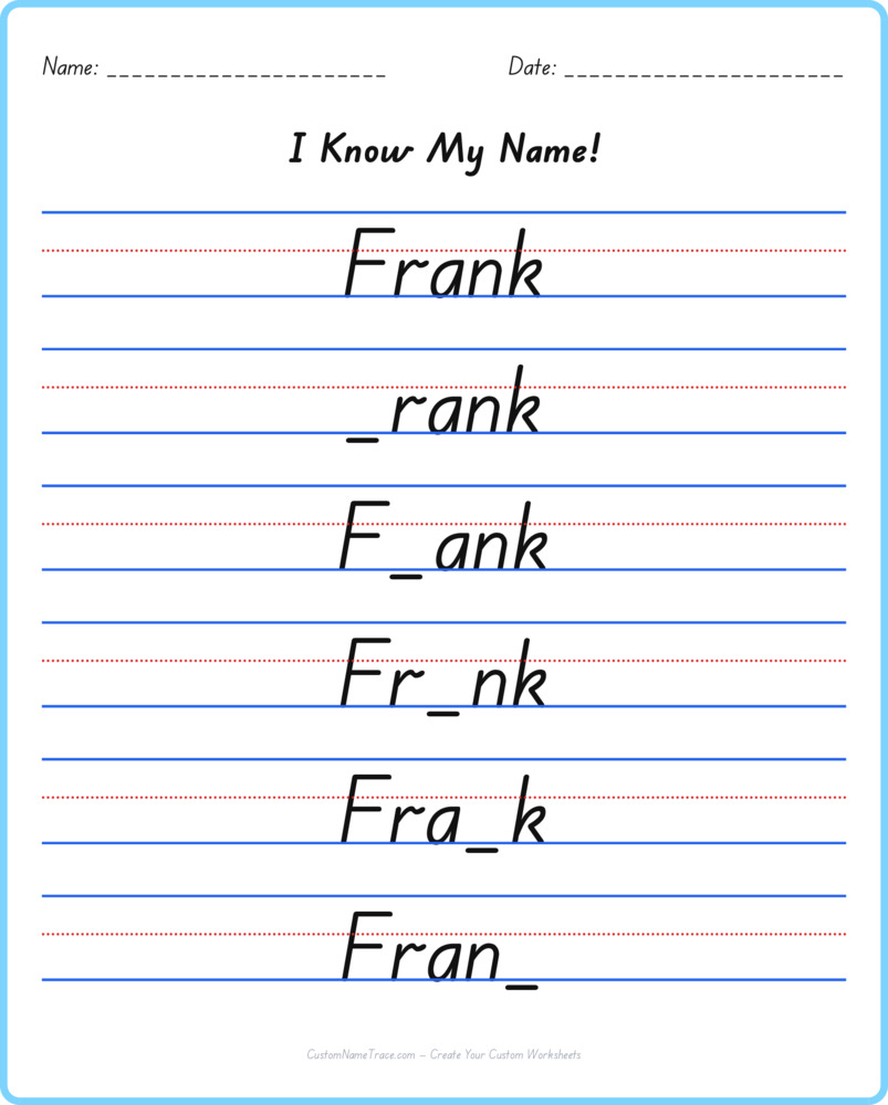 Free Frank custom name tracing - fill-in-the-blank free worksheet