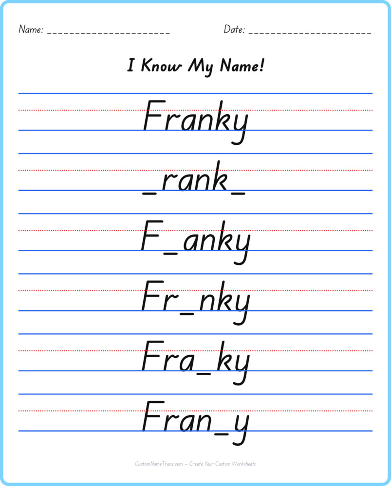 Free Franky custom name tracing - fill-in-the-blank free worksheet