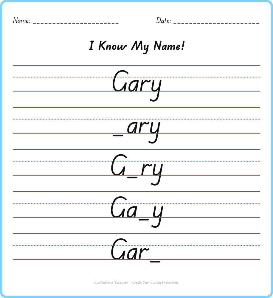 Free Gary custom name tracing - fill-in-the-blank free worksheet