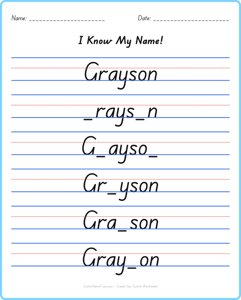 Free Grayson custom name tracing - fill-in-the-blank free worksheet