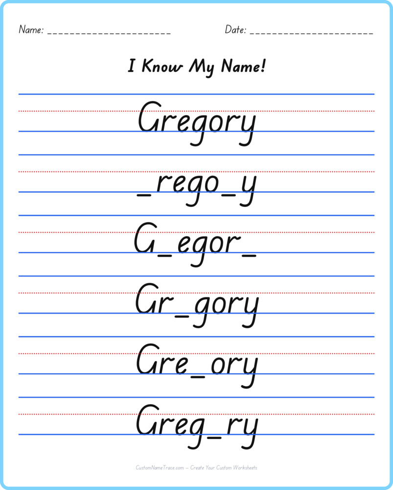 Free Gregory custom name tracing - fill-in-the-blank free worksheet