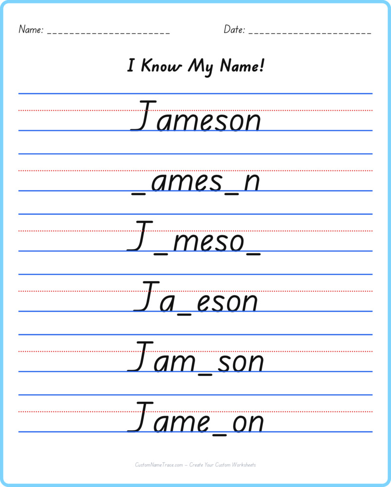 Free Jameson custom name tracing - fill-in-the-blank free worksheet