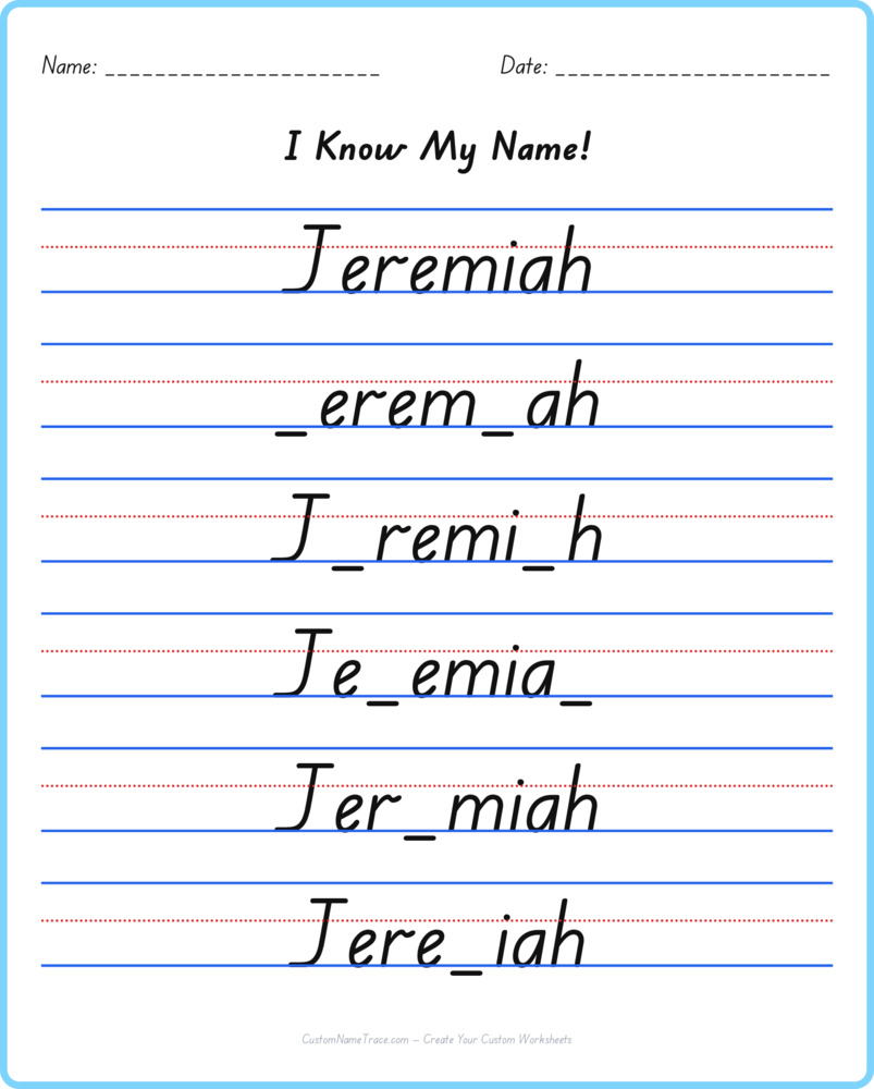 Free Jeremiah custom name tracing - fill-in-the-blank free worksheet