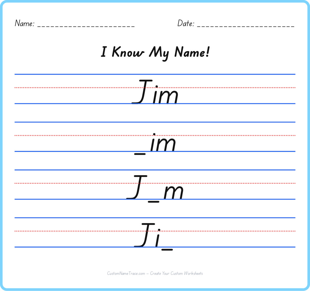 Free Jim custom name tracing - fill-in-the-blank free worksheet