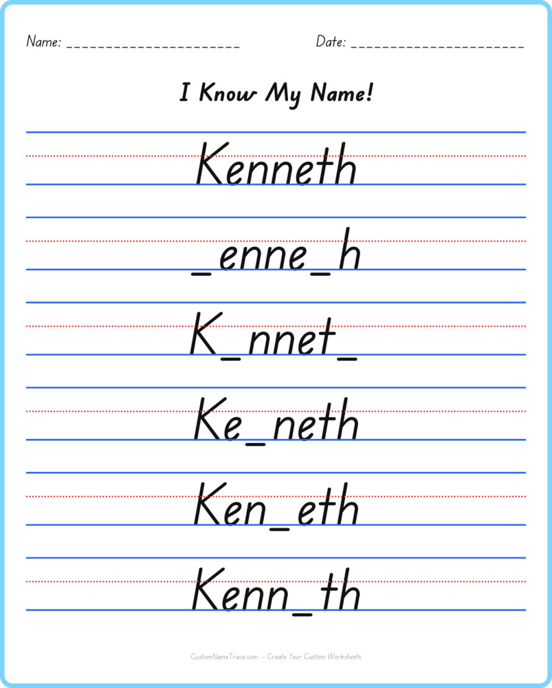 Free Kenneth custom name tracing - fill-in-the-blank free worksheet
