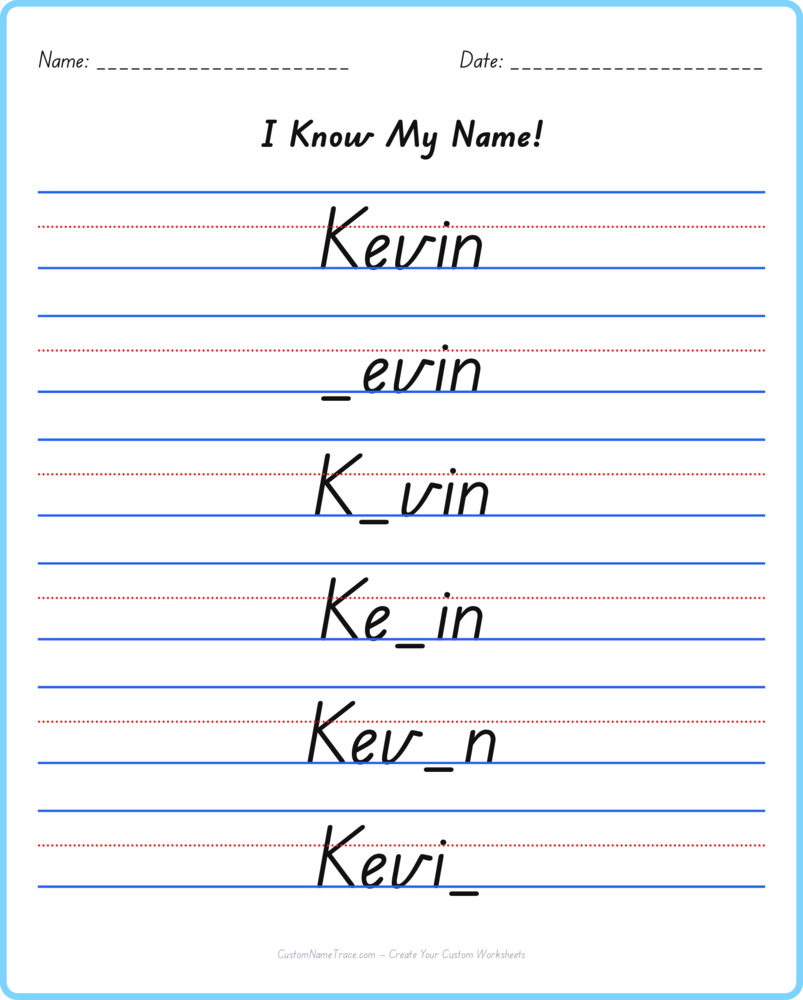 Free Kevin custom name tracing - fill-in-the-blank free worksheet