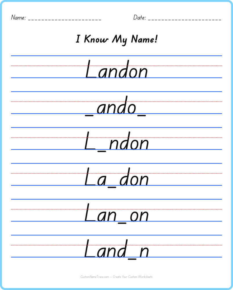 Free Landon custom name tracing - fill-in-the-blank free worksheet