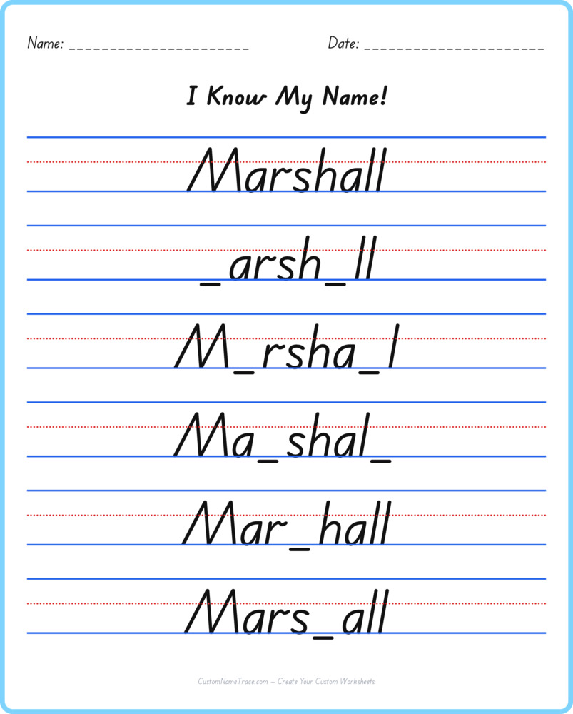 Free Marshall custom name tracing - fill-in-the-blank free worksheet