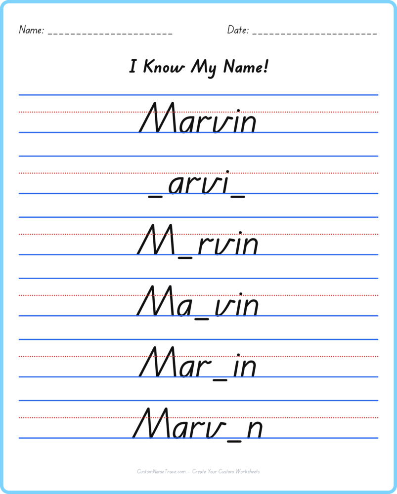 Free Marvin custom name tracing - fill-in-the-blank free worksheet