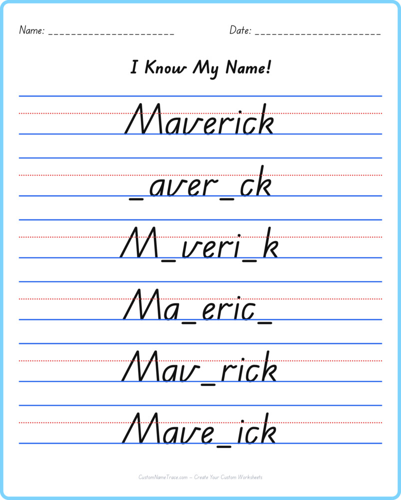 Free Maverick custom name tracing - fill-in-the-blank free worksheet
