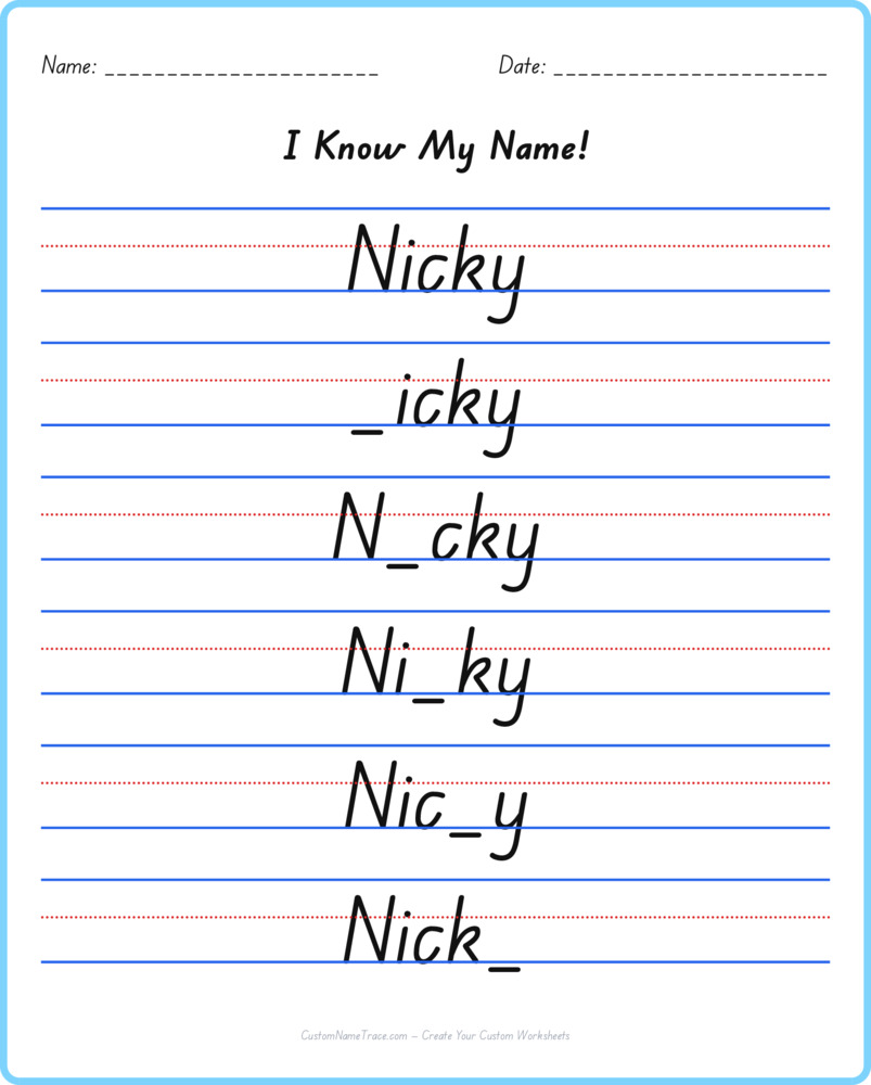 Free Nicky custom name tracing - fill-in-the-blank free worksheet