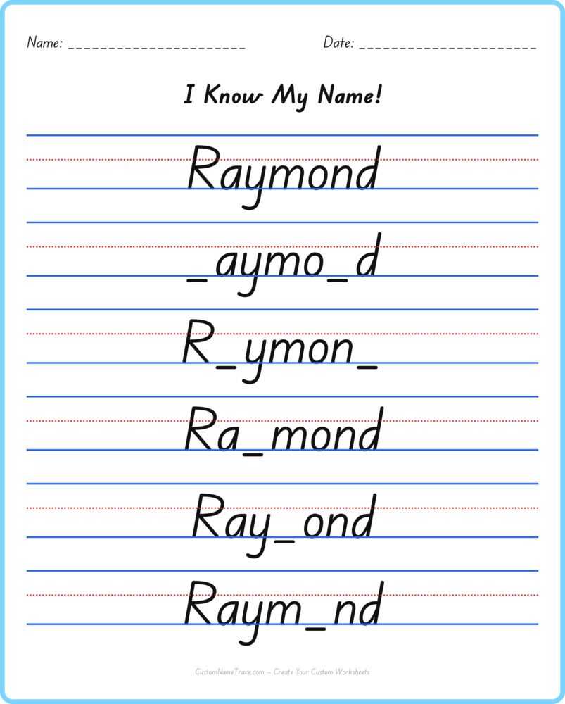 Free Raymond custom name tracing - fill-in-the-blank free worksheet