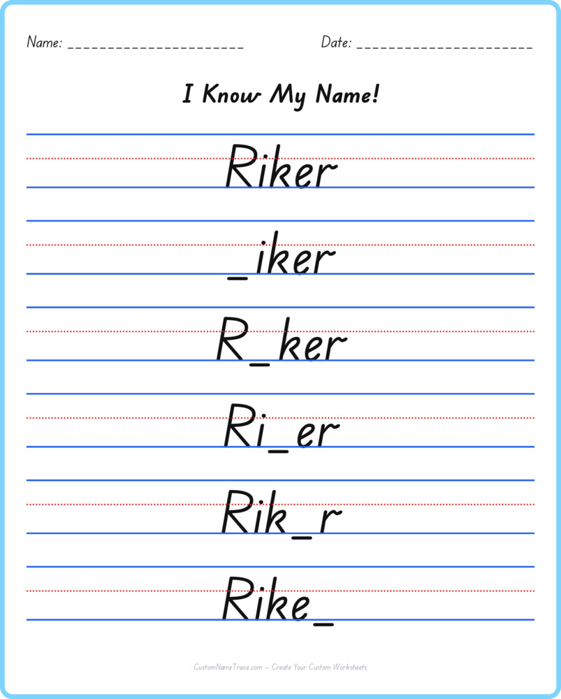 Free Riker custom name tracing - fill-in-the-blank free worksheet