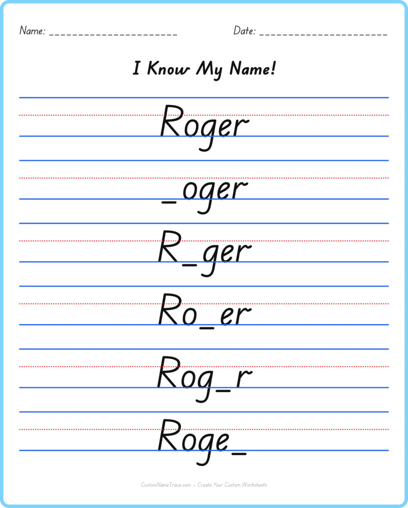 Free Roger custom name tracing - fill-in-the-blank free worksheet