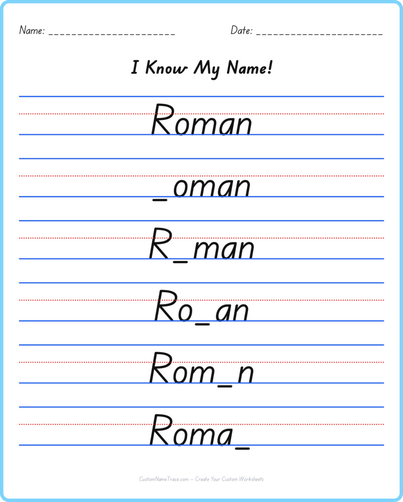 Free Roman custom name tracing - fill-in-the-blank free worksheet