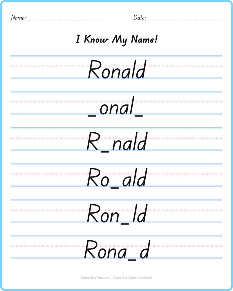 Free Ronald custom name tracing - fill-in-the-blank free worksheet
