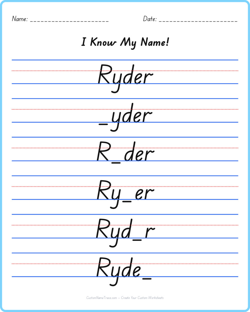 Free Ryder custom name tracing - fill-in-the-blank free worksheet