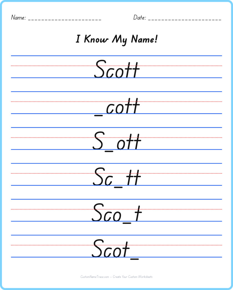 Free Scott custom name tracing - fill-in-the-blank free worksheet
