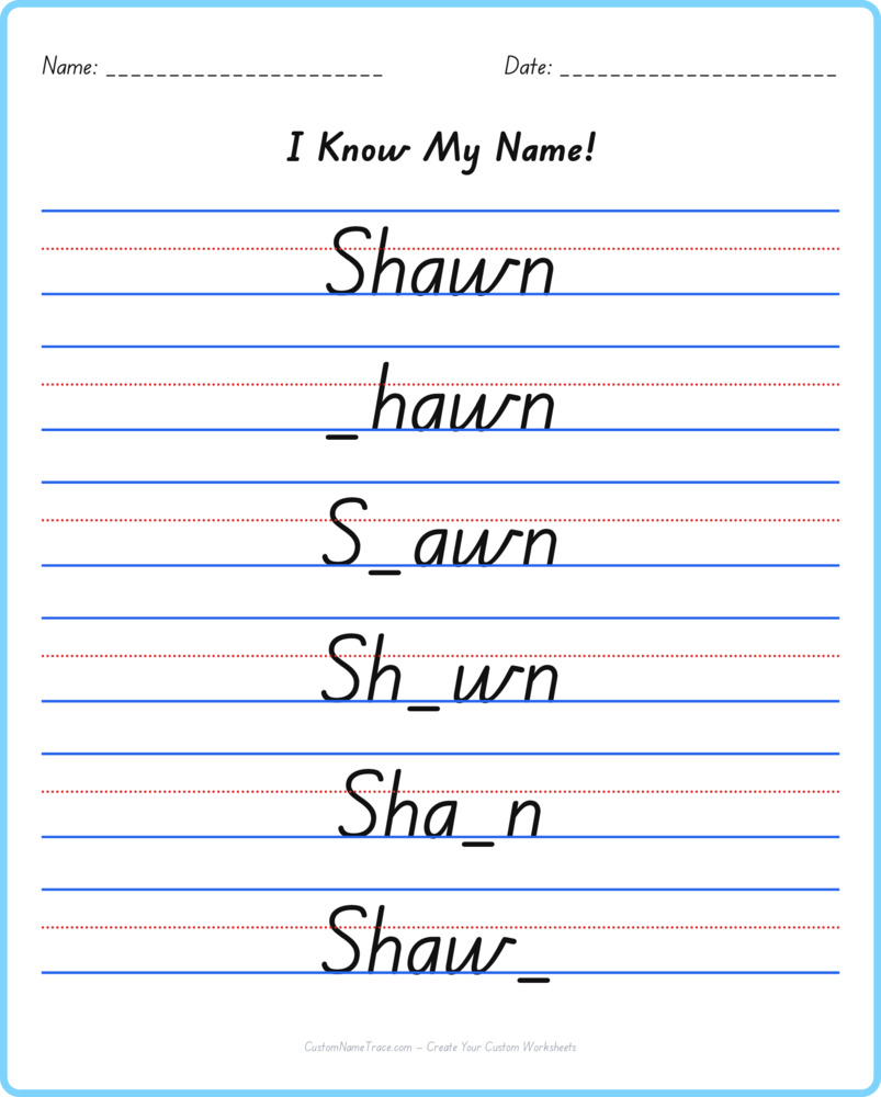 Free Shawn custom name tracing - fill-in-the-blank free worksheet
