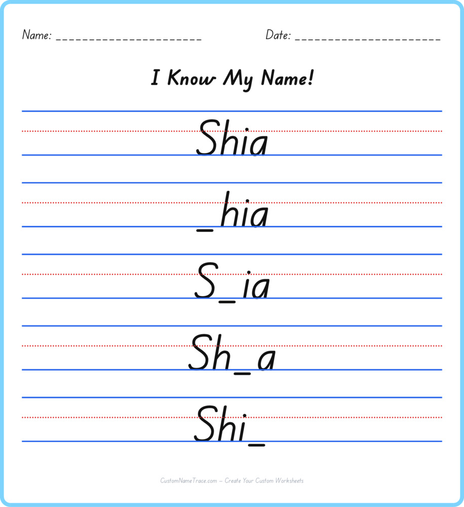 Free Shia custom name tracing - fill-in-the-blank free worksheet
