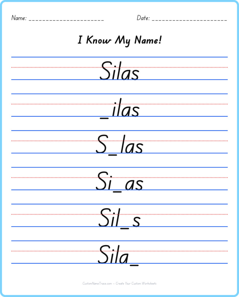 Free Silas custom name tracing - fill-in-the-blank free worksheet