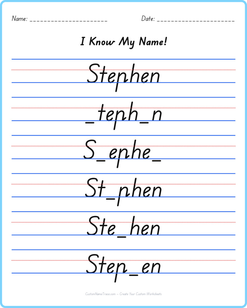 Free Stephen custom name tracing - fill-in-the-blank free worksheet