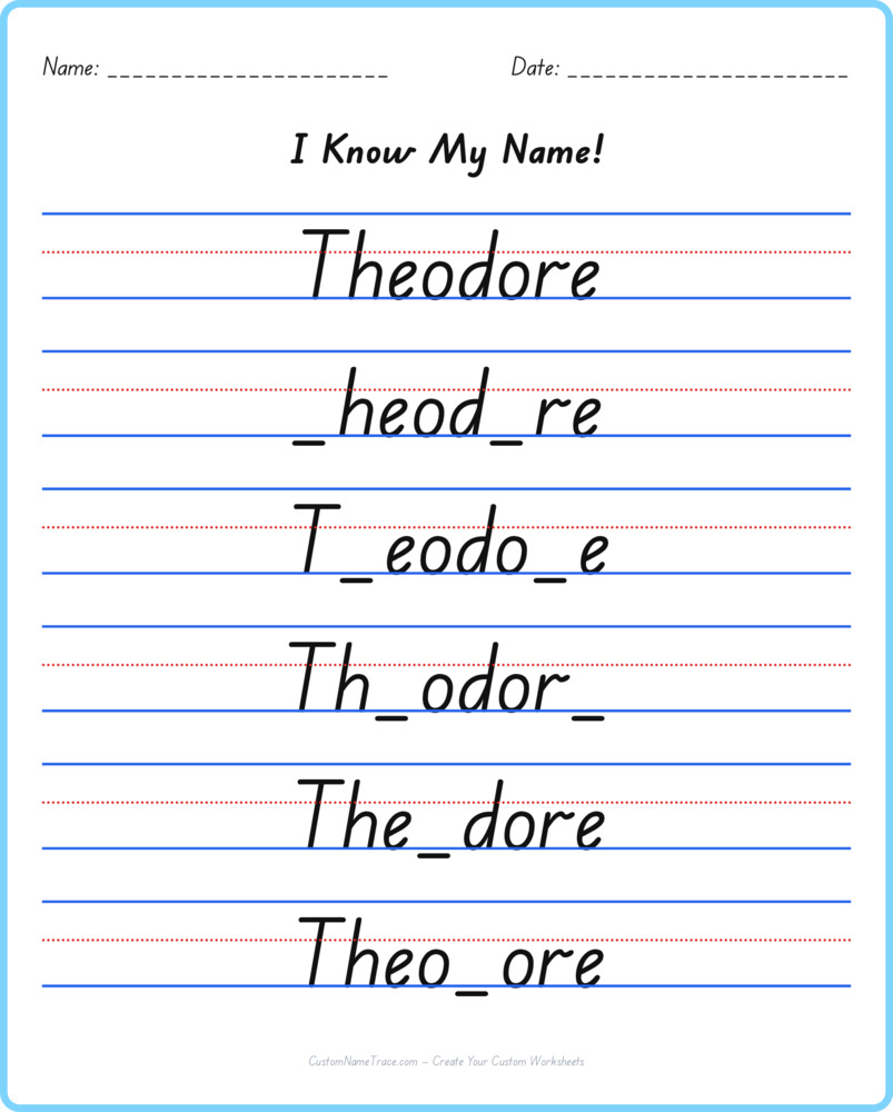 Free Theodore custom name tracing - fill-in-the-blank free worksheet