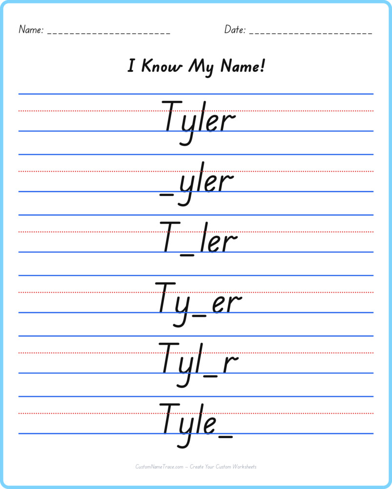 Free Tyler custom name tracing - fill-in-the-blank free worksheet