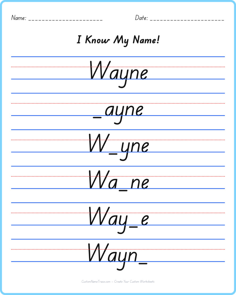 Free Wayne custom name tracing - fill-in-the-blank free worksheet