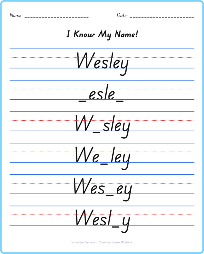 Free Wesley custom name tracing - fill-in-the-blank free worksheet