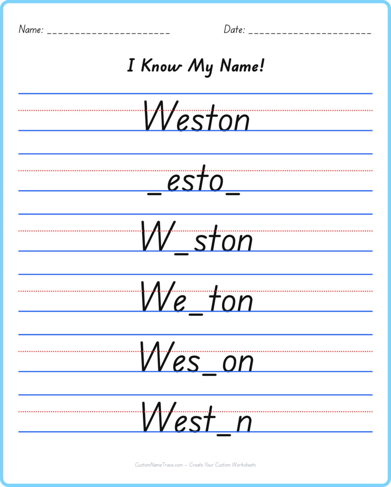 Free Weston custom name tracing - fill-in-the-blank free worksheet