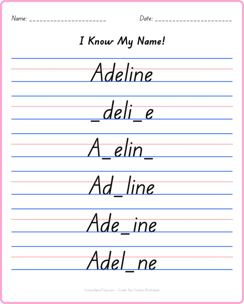 Free Adeline custom name tracing - fill-in-the-blank free worksheet