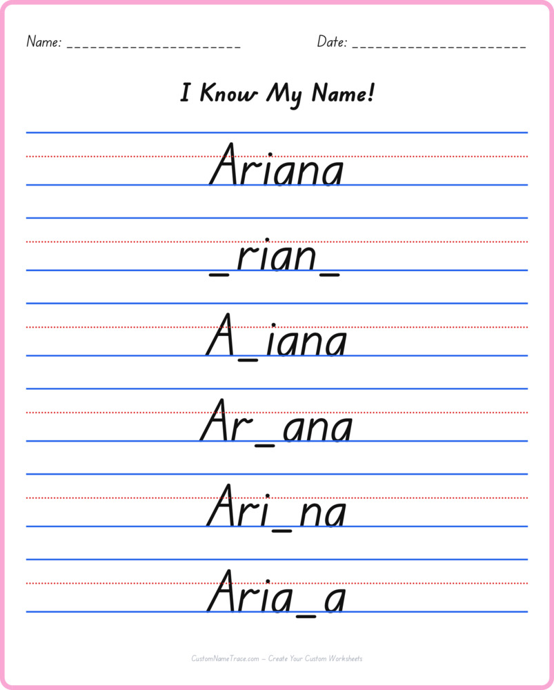 Free Ariana custom name tracing - fill-in-the-blank free worksheet