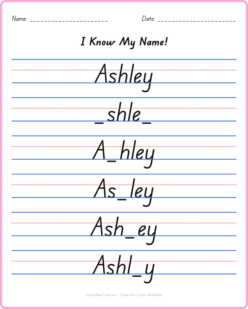 Free Ashley custom name tracing - fill-in-the-blank free worksheet