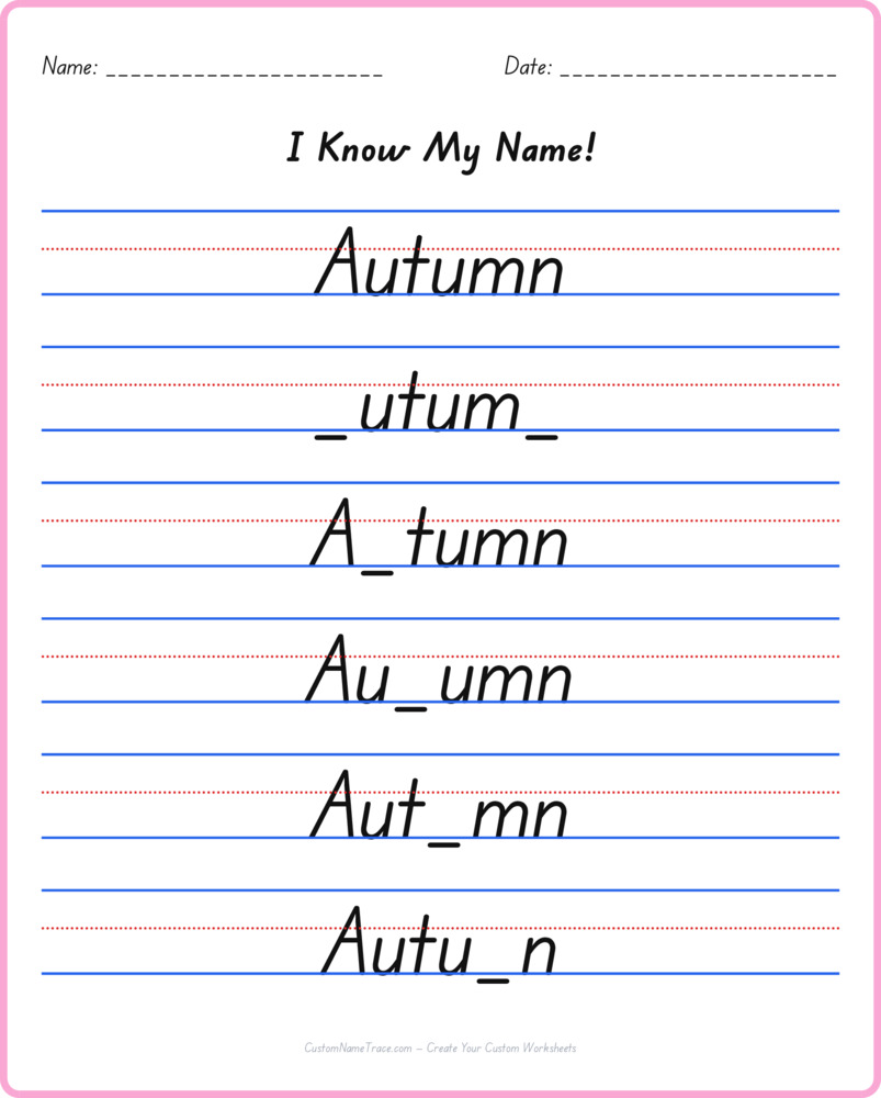 Free Autumn custom name tracing - fill-in-the-blank free worksheet