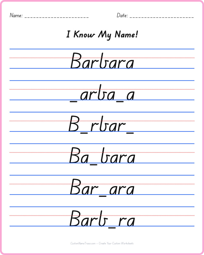 Free Barbara custom name tracing - fill-in-the-blank free worksheet