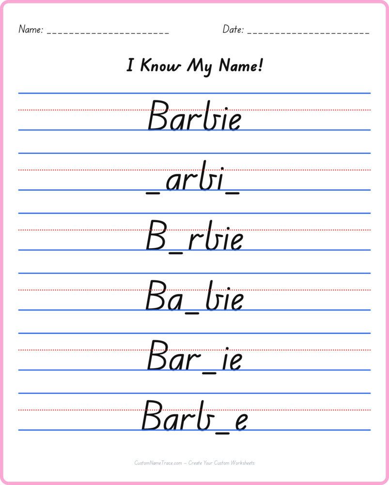 Free Barbie custom name tracing - fill-in-the-blank free worksheet