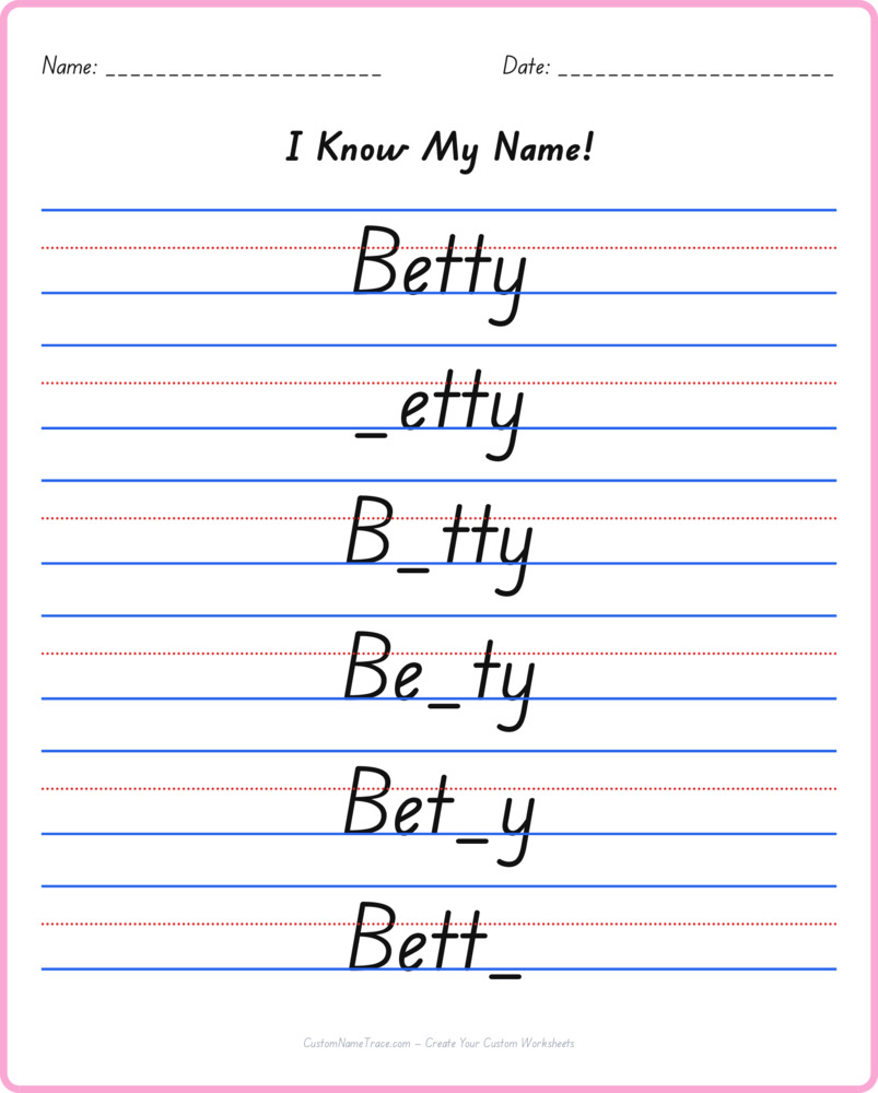 Free Betty custom name tracing - fill-in-the-blank free worksheet