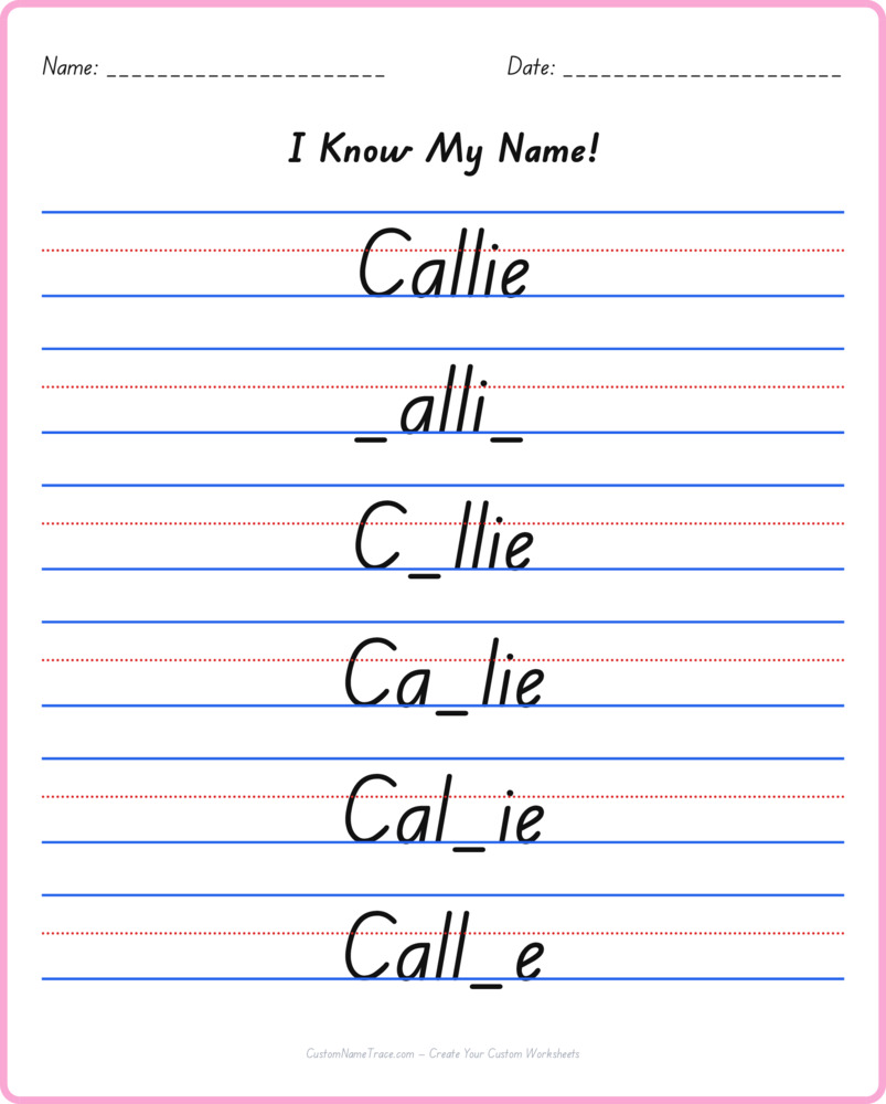 Free Callie custom name tracing - fill-in-the-blank free worksheet