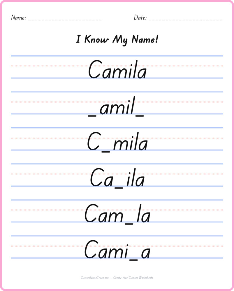 Free Camila custom name tracing - fill-in-the-blank free worksheet