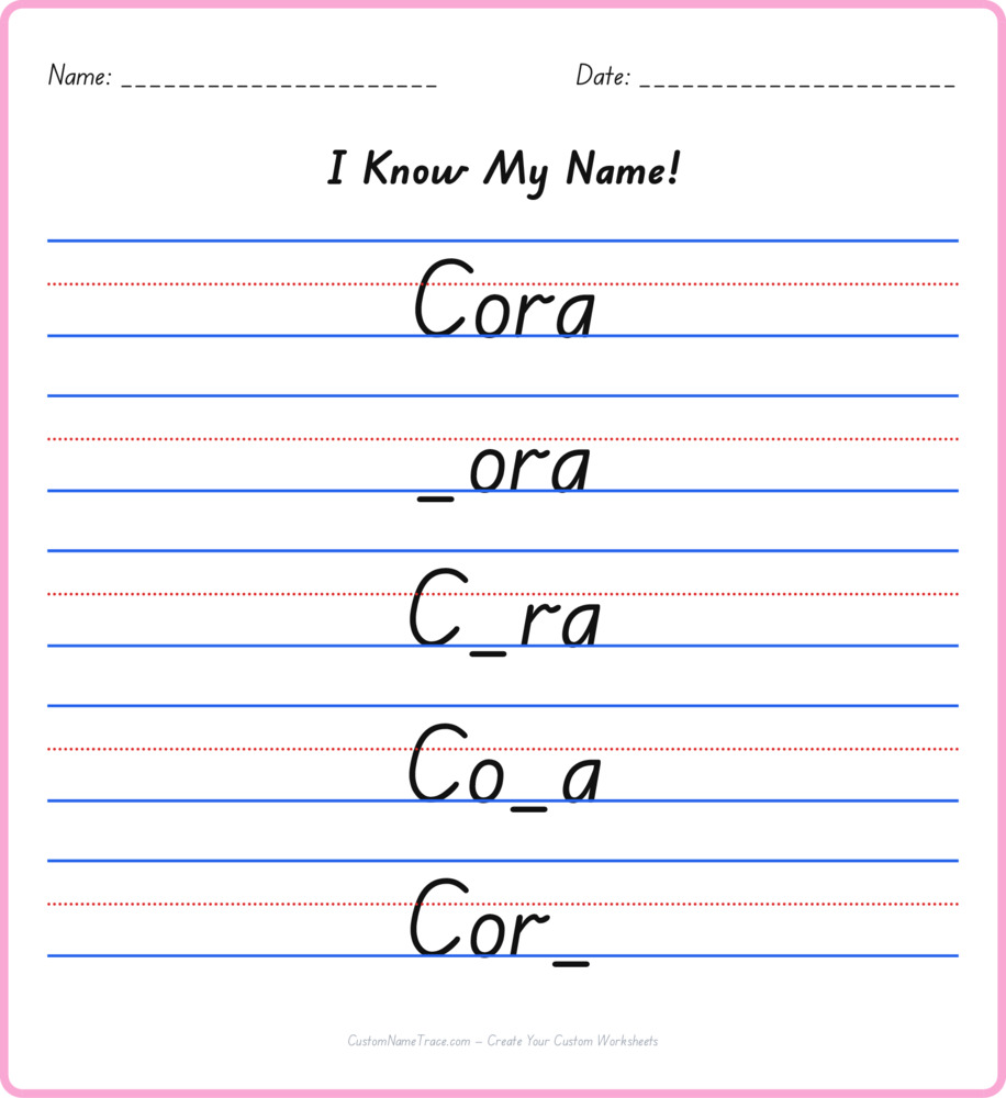 Free Cora custom name tracing - fill-in-the-blank free worksheet