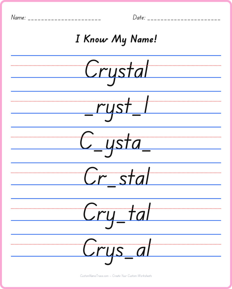 Free Crystal custom name tracing - fill-in-the-blank free worksheet