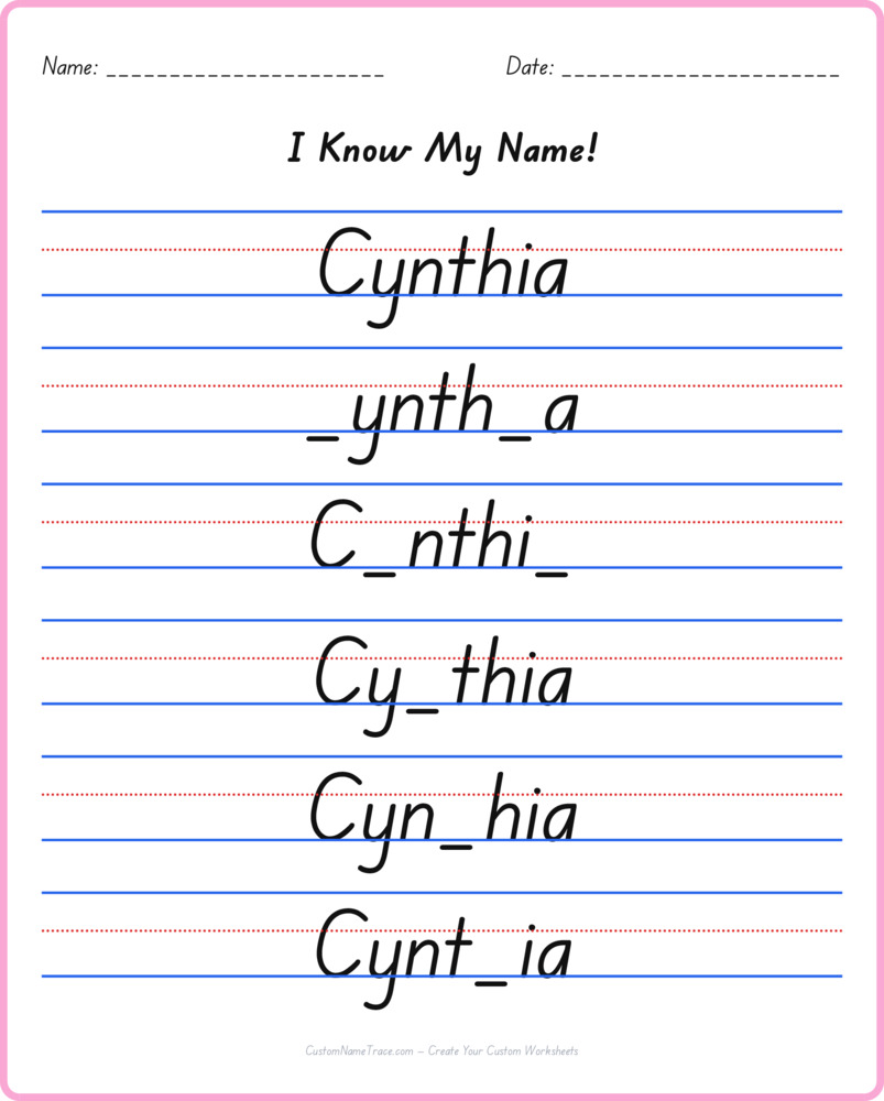Free Cynthia custom name tracing - fill-in-the-blank free worksheet