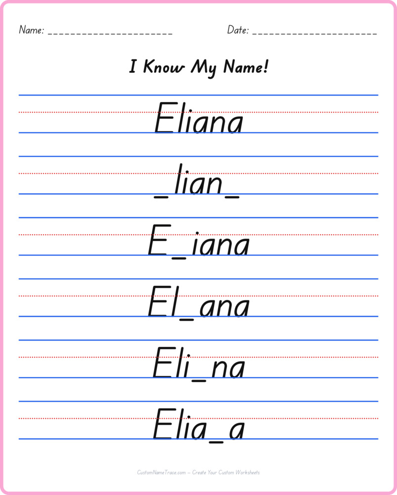 Free Eliana custom name tracing - fill-in-the-blank free worksheet