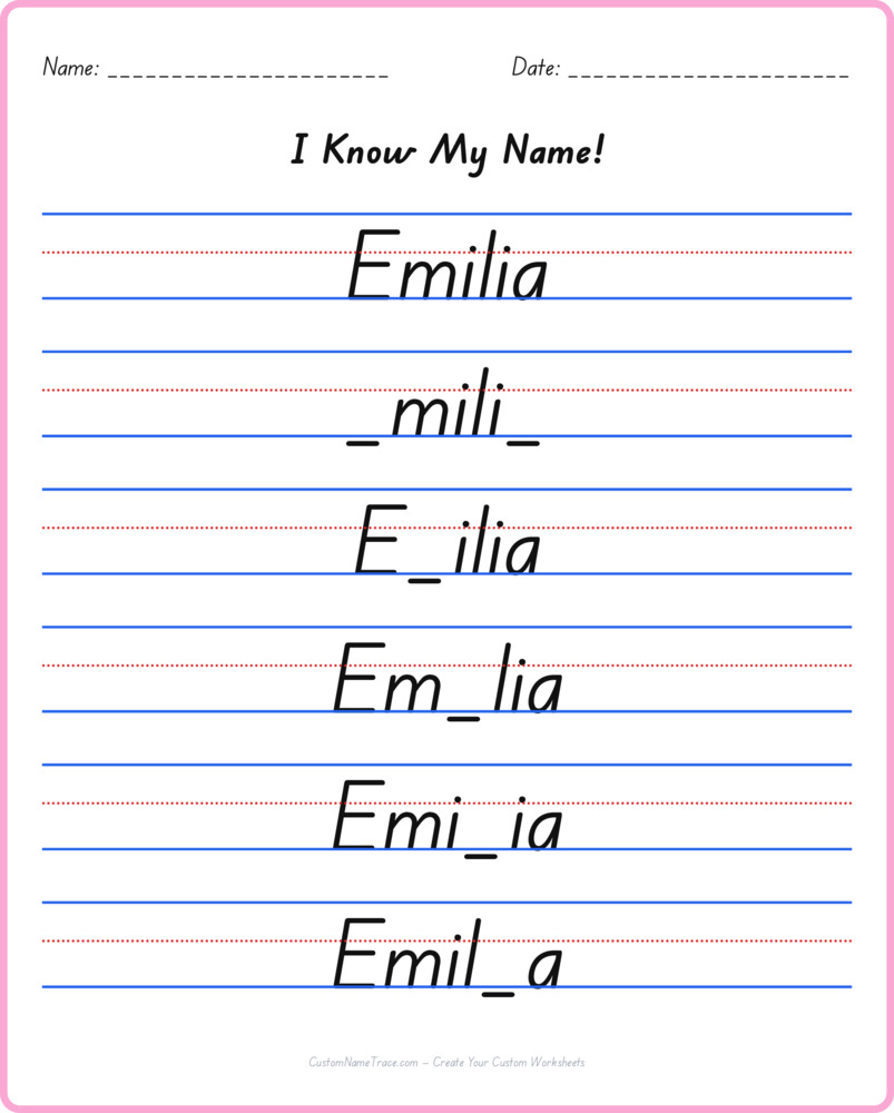 Free Emilia custom name tracing - fill-in-the-blank free worksheet
